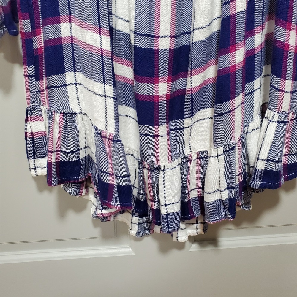 Beach Lunch Lounge Top Women's L Plaid Off Shoulder Tunic Blouse Ruffle Boho - Picture 6 of 11